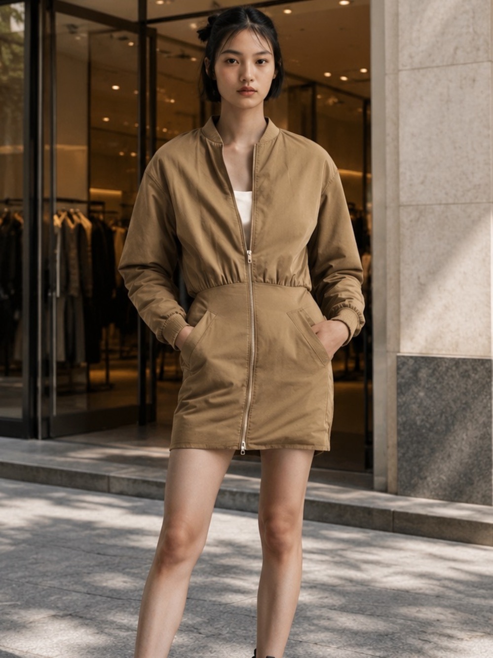 ZARA PADDED OLIVE GREEN KHAKI MINI BOMBER DRESS OR LONG JACKET LIGHTWEIGHT SZ L